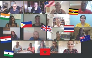 Screenshot of Zoom training session with the flags of particpants' countries added to it