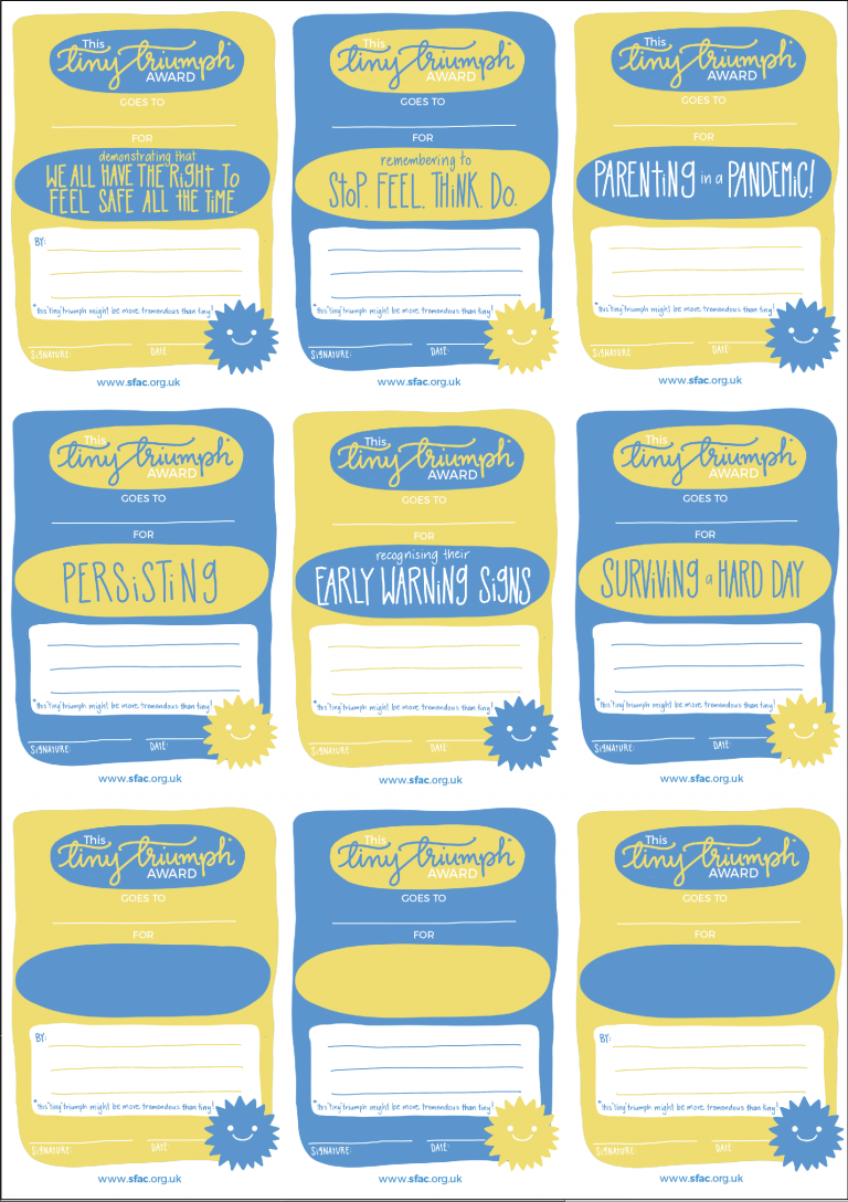 Image of an A4 sheet of 9 small certificates. Half are blue and Half are yellow. All have the heading This Tiny Triumph Award Goes To: in a combination of handwritten script and typed font.