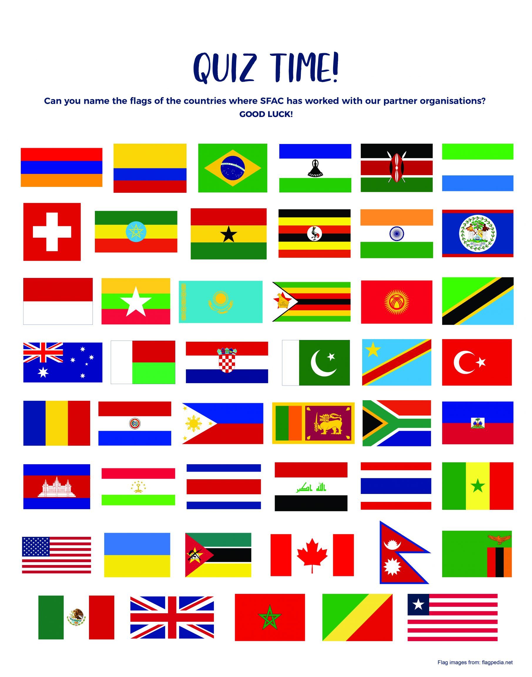 Flag Quiz - 47 flags representing the countries where SFAC has worked with partner organisations
