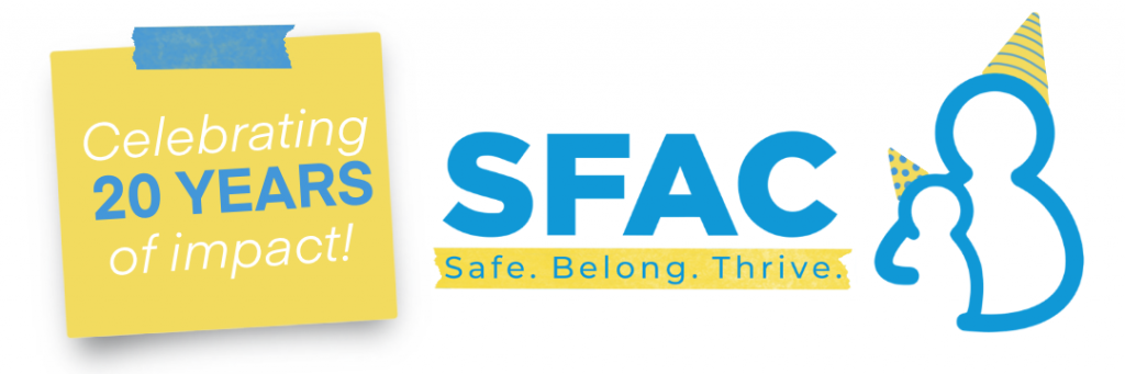 SFAC logo with added party hats and "Celebrating 20 years of Impact"