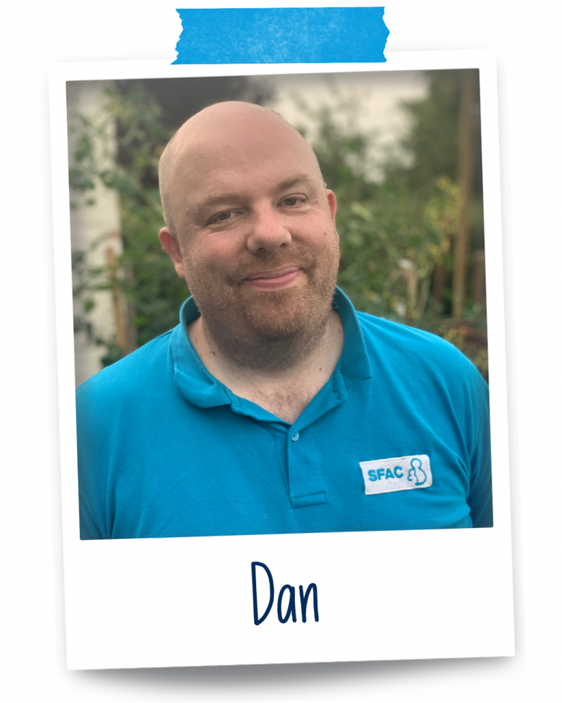 Photo shows Dan, a short, bald, overweight 40ish white male who wishes he was the exact opposite and sometimes has a ginger beard! He's in a light blue SFAC golf t-shirt with his head slightly to the left. 