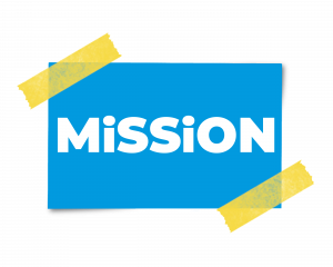 Mission in white type on a blue note tapped to the background with yellow washi tape