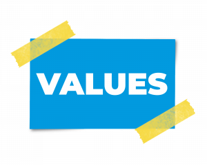 Values written in white type on a blue not taped to the background with yellow washi tape.