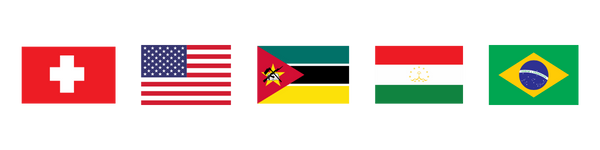Flags: Switzerland, USA, Mozambique, Tajikistan Brazil
