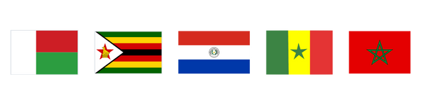 Flags: Madagascar, Zimbabwe, Paraguay, Senegal, Morocco