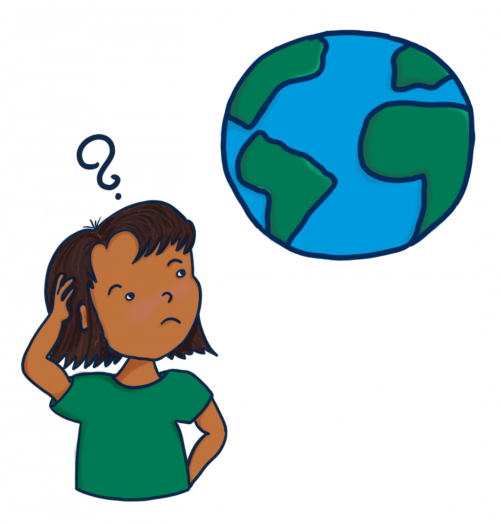 Illustration of child looking at a globe with a question mark above their head.