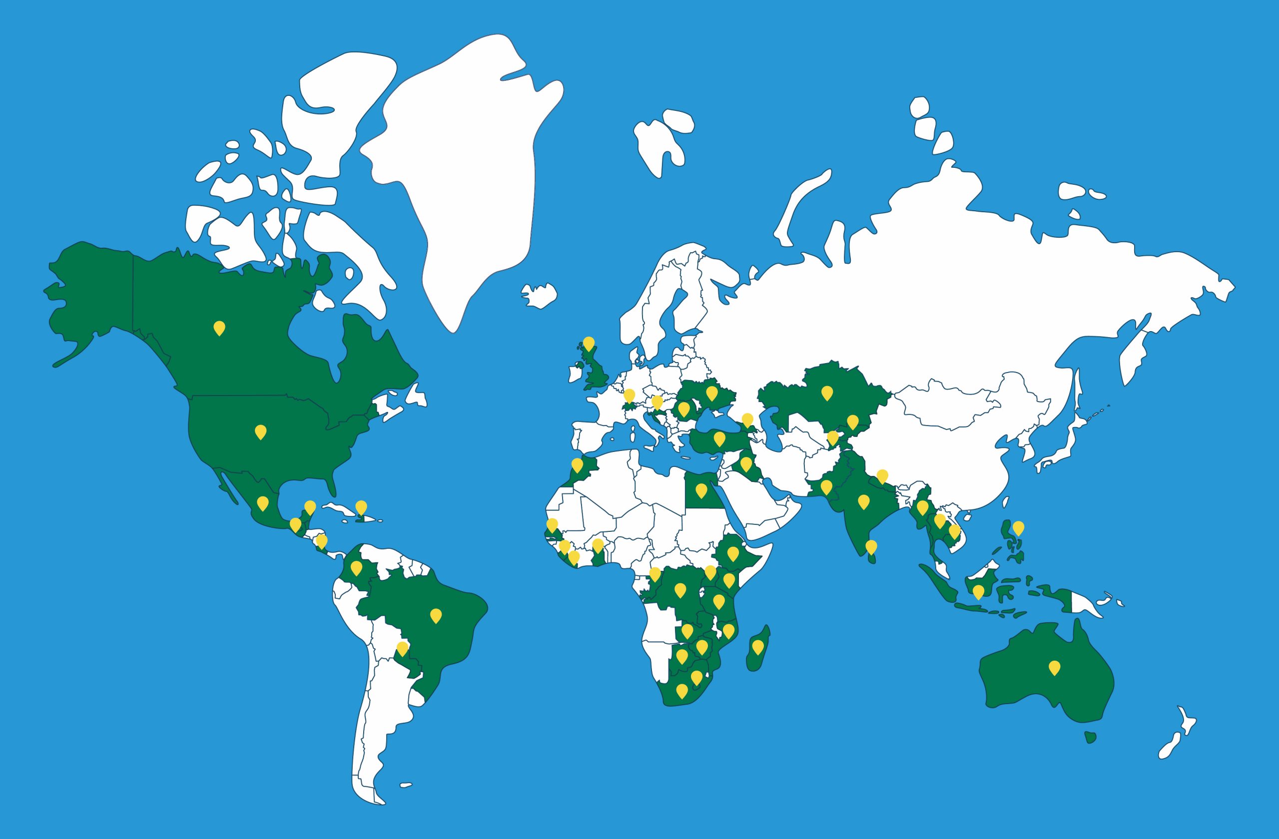 A world map identifying the 50 countries where SFAC has worked.