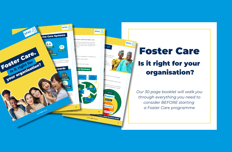 Foster Care: Is it Right for Your Organisation? Image shows a glimpse of 4 pages from SFAC's 30 page booklet.