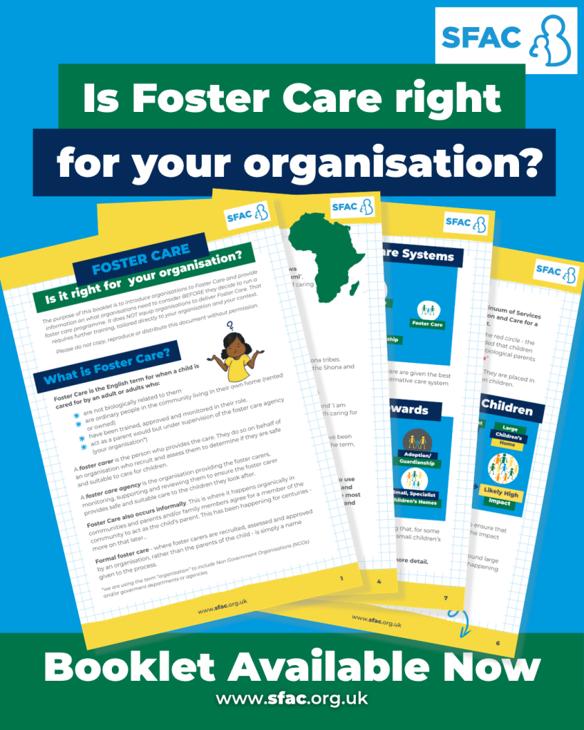 A promotional graphic for a foster care resource. The top half features a dark blue banner with the text "Is Foster Care right for your organisation?" in bold white letters. Below this, four pages of a printed booklet are fanned out against a bright yellow background. The visible pages include a "What is Foster Care?" section and diagrams of "Care Systems." The SFAC logo is in the top right. At the bottom, a green and white footer says "Booklet Available Now" with the website URL: www.sfac.org.uk.