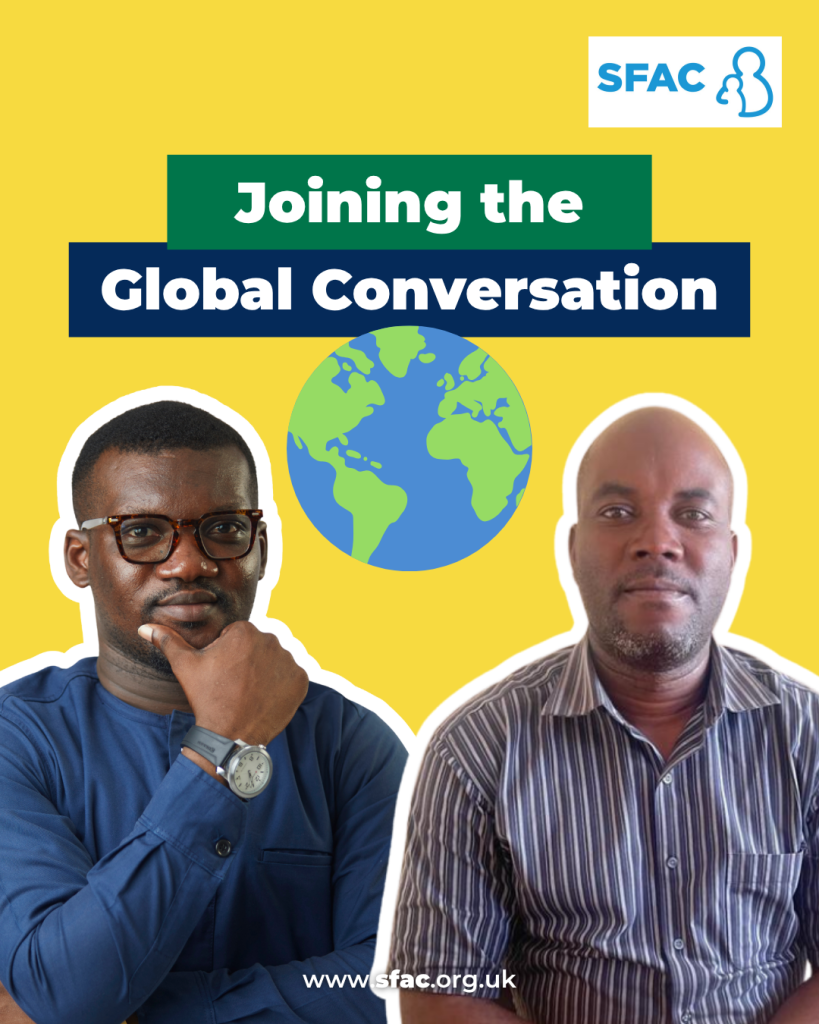 Graphic on a yellow background with the headline "Joining the Global Conversation". In the middle there is a cartoon image of the globe. Cutout portraits of Isaac and Joseph, appear at the bottomāone in a blue shirt and one in a striped shirtāabove the website sfac.org.uk.