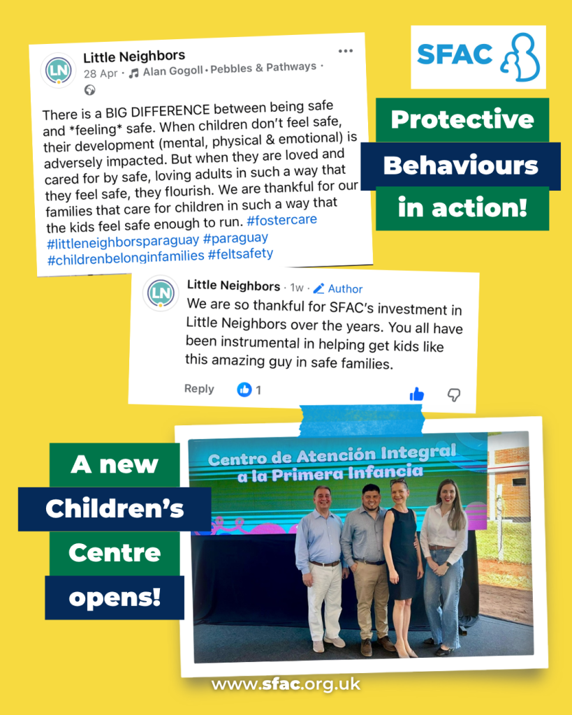 Graphic on a yellow background announcing a new children's centre opening. Features a Facebook post by "Little Neighbors" about the psychological safety of children in foster care and a comment thanking SFAC. A framed photo shows four adults standing in front of a banner that reads "Centro de Atención Integral a la Primera Infancia." Includes the SFAC logo, text reading "Protective Behaviours in action!" and the website sfac.org.uk.