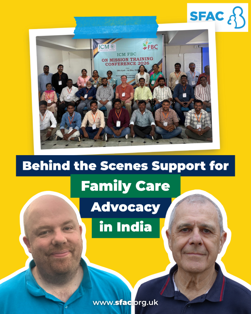 Graphic on a yellow background with the headline "Behind the Scenes Support for Family Care Advocacy in India" and the SFAC logo. Features a taped-style framed group photograph of attendees at the "ICM FBC On Mission Training Conference 2026." Cutout portraits of Dan and Mick smiling, appear at the bottomāone in a blue polo shirt and one in a dark blue polo shirtāabove the website sfac.org.uk.