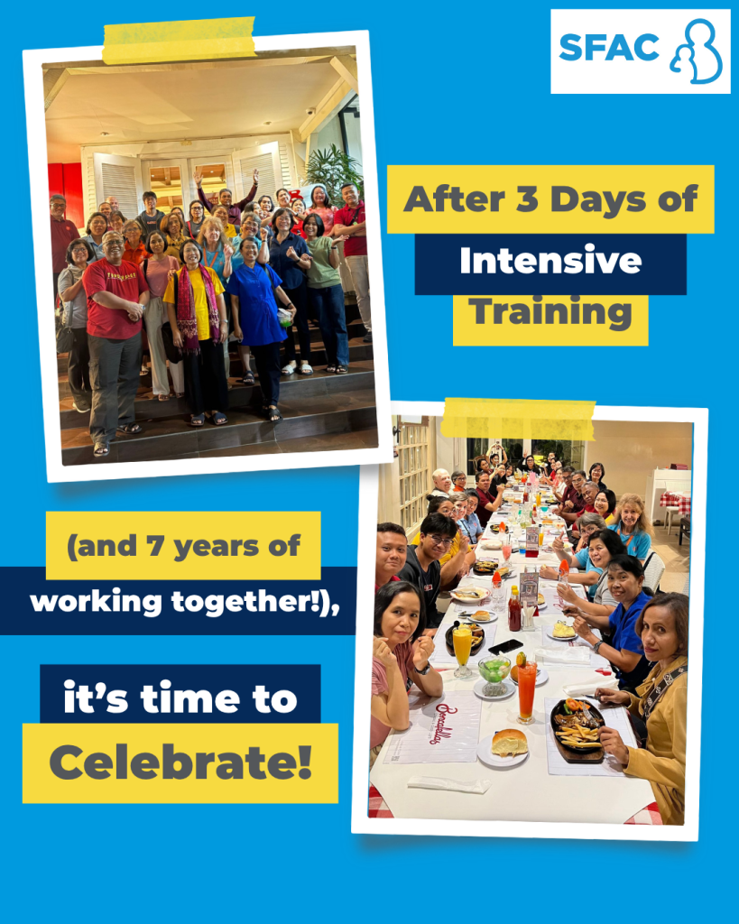 Graphic on a blue background featuring the text "After 3 Days of Intensive Training, itās time to Celebrate!" alongside the SFAC logo. Includes two framed group photos. The top left photo shows a large group of people smiling and waving on some steps outside a building. The bottom right photo shows the same group gathered around a long dining table, smiling at the camera while enjoying a meal together.