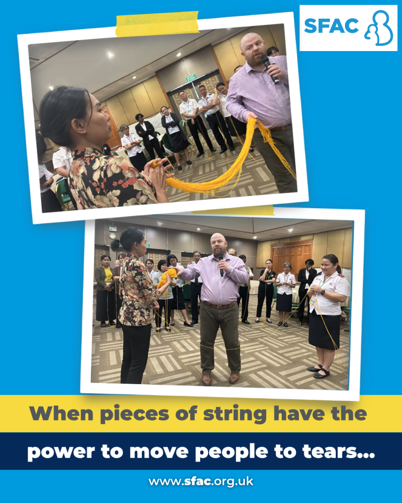 Graphic on a blue background with the headline "When pieces of string have the power to move people to tears...". Features two taped style framed photographs of Dan with a group of attendees doing an exercise with string. The SFAC logo is at the top and the website www.sfac.org.uk is at the bottom.